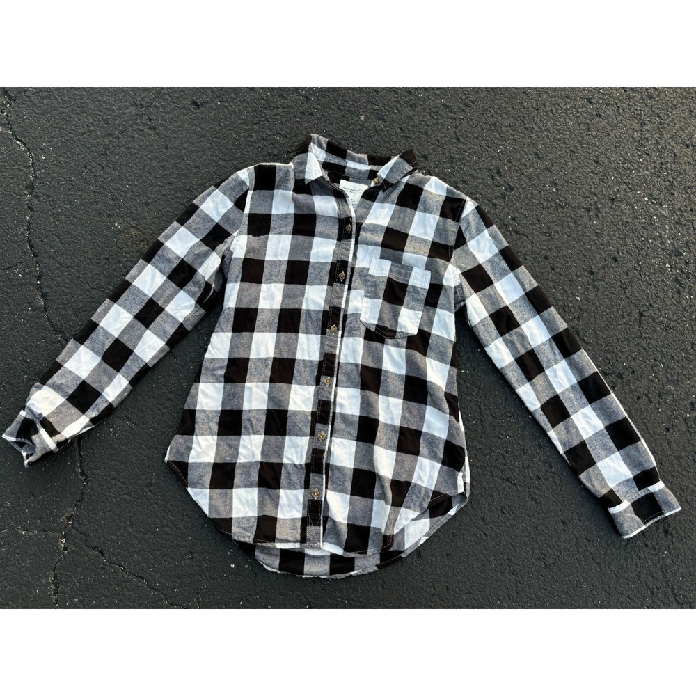 Abercrombie & Fitch Shirt Womens M Button Up Long Sleeve Roll Tab Plaid Black